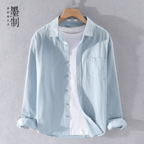 春秋季纯棉休闲衬衫男长袖白衬衣