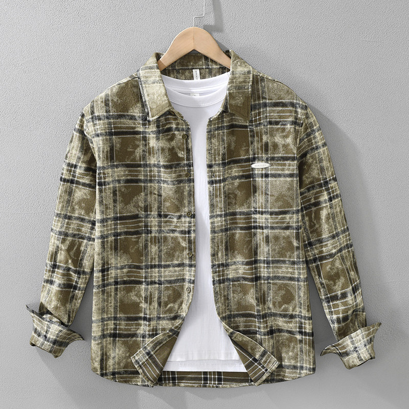 美式复古扎染格子纯棉翻领长袖衬衫男士宽松休闲百搭潮流上衣外套,男装,衬衫,淘宝优惠券,粉丝福利购,淘宝优惠卷