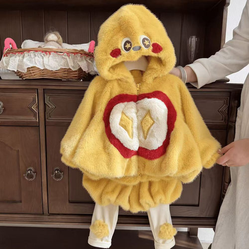 女童套装25冬新款儿童加厚精灵帽毛毛外套女宝冬装保暖花苞打底裤