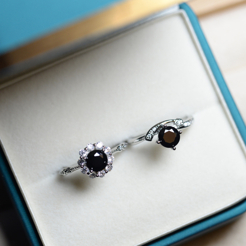 天然黑尖晶石开口戒指女小众设计