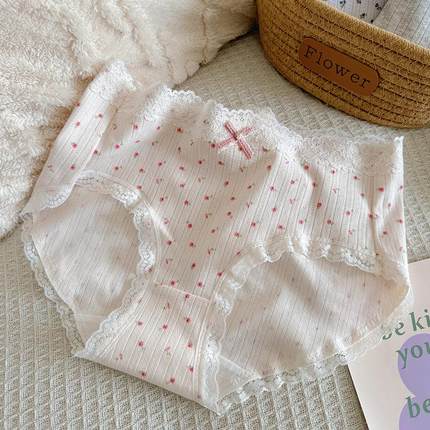 碎花田园风~A类纯棉内裤少女中腰7A抑菌包臀甜美蕾丝边学生三角裤