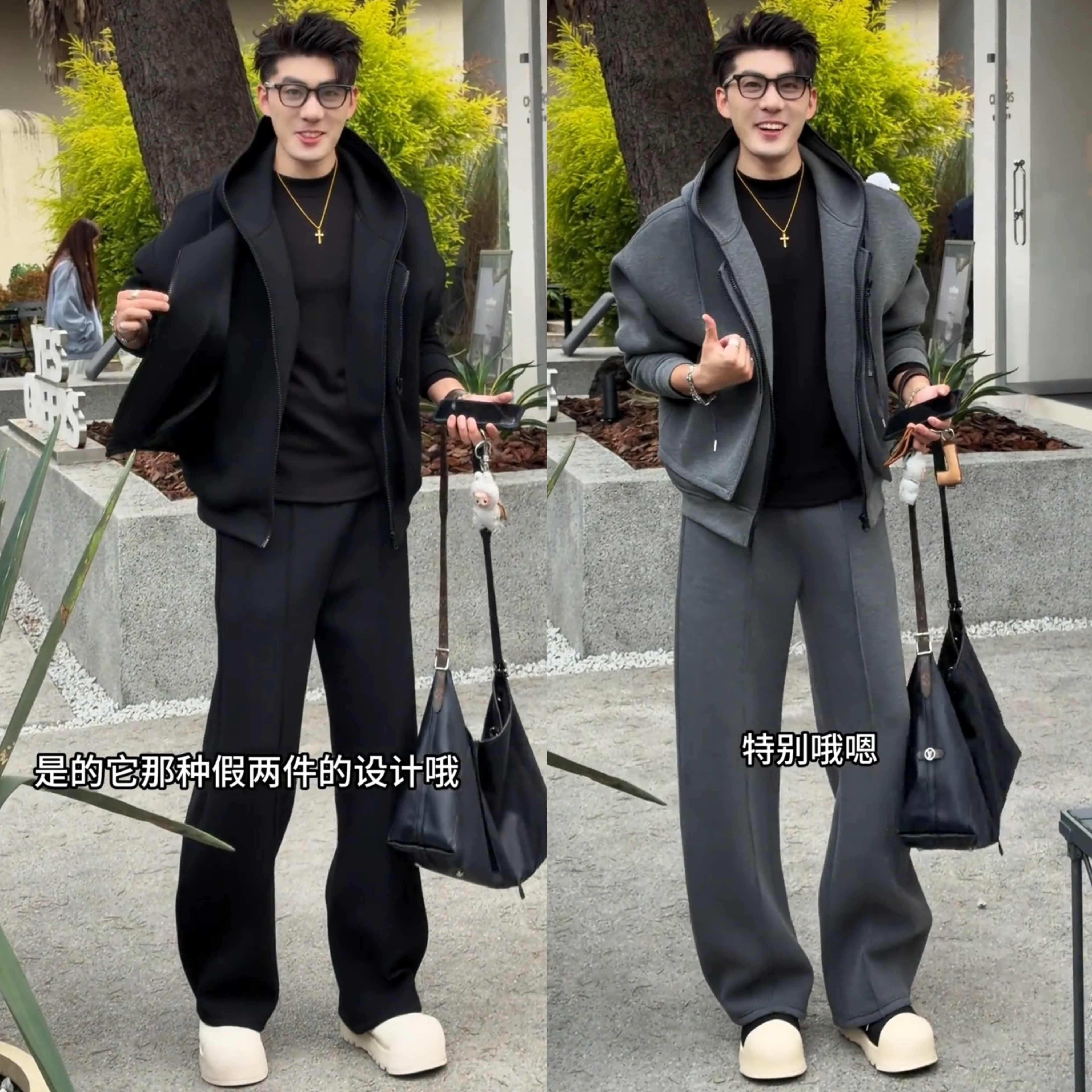 松弛风假两件连帽卫衣直筒裤套装