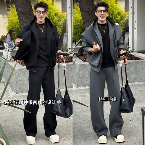 松弛风假两件连帽卫衣直筒裤套装