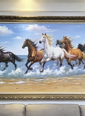 高级感纯手绘油画客厅玄关装饰画办公室壁画八骏马图挂画马到成功
