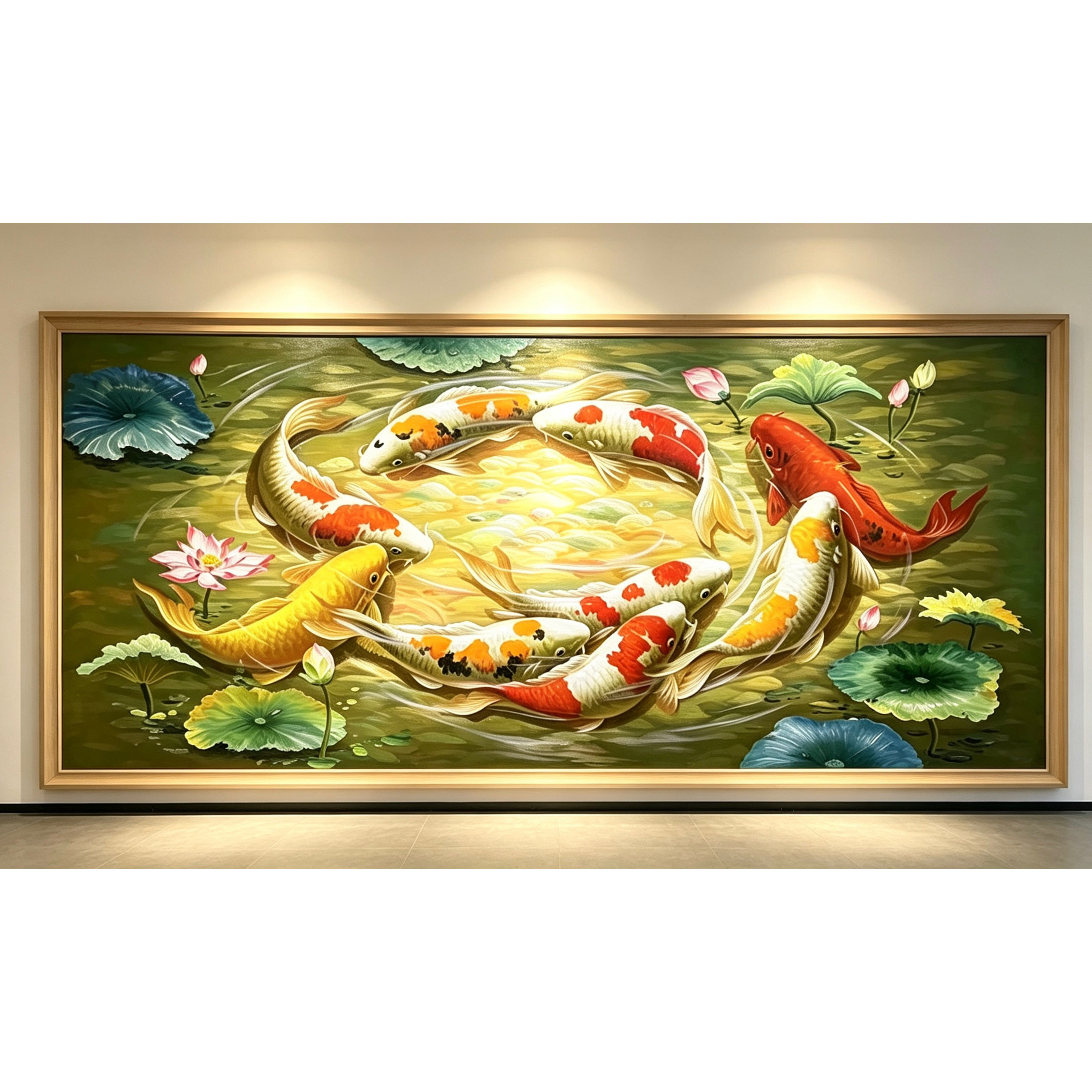 九鱼图手绘油画入户玄关装饰画中古风荷花锦鲤年年有余高级感挂画图片