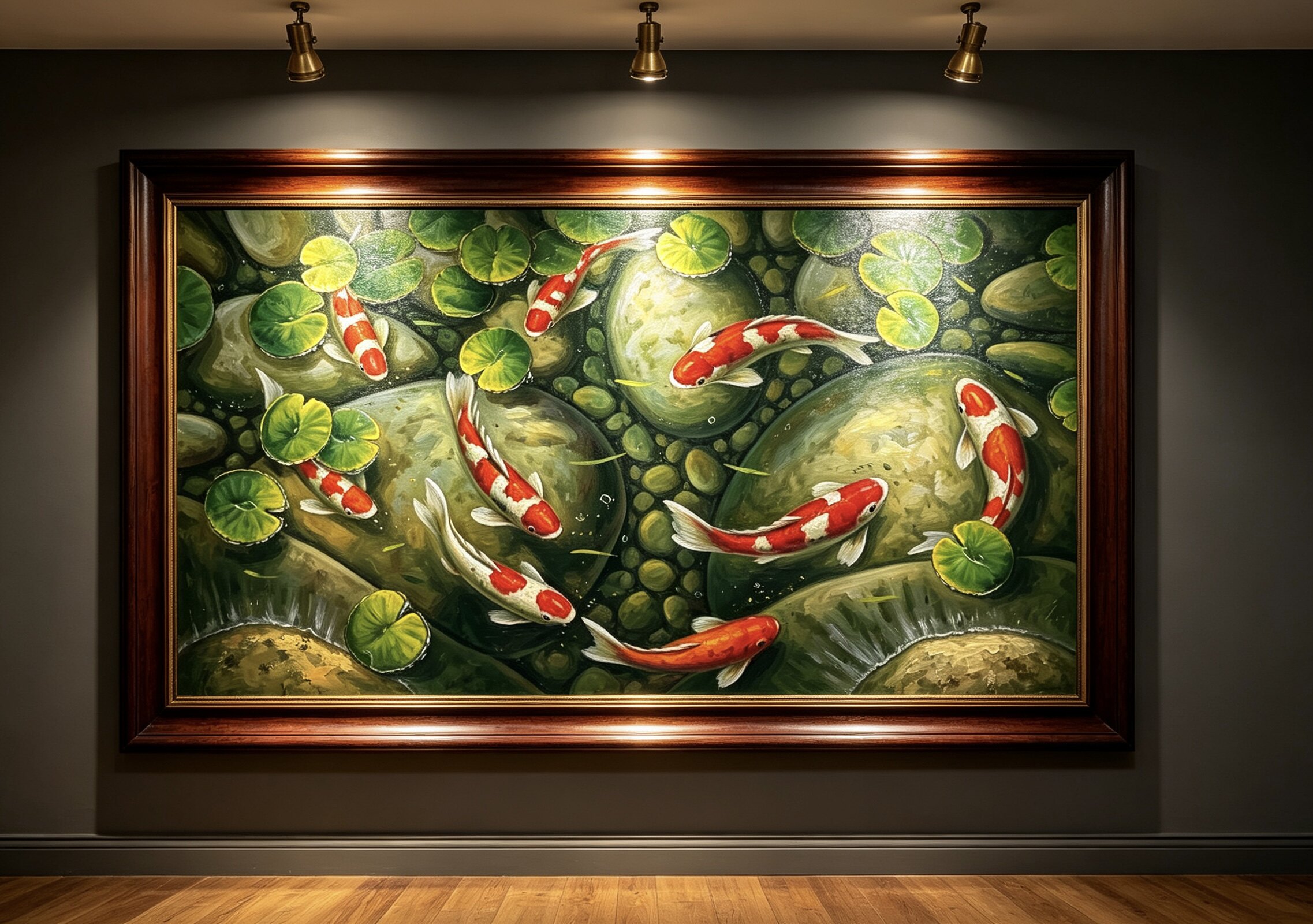 九鱼图手绘油画入户玄关装饰画 中古风荷花年年有余高级感挂画图片