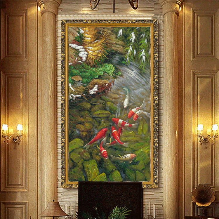 荷花九鱼图轻奢装饰画竖版玄关油画 欧式走廊客厅美式中式挂画图片
