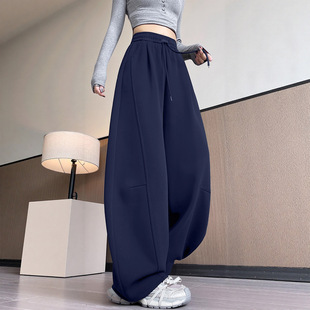 羊羔绒休闲运动阔腿卫裤 小个子胖mm大码 子 女冬季 藏青色加绒弯刀裤