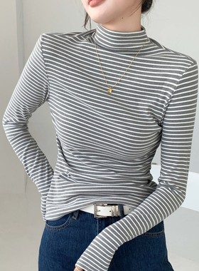 H246严选条纹打底衫新款女装休闲半高领上衣细条纹长袖T恤女内搭