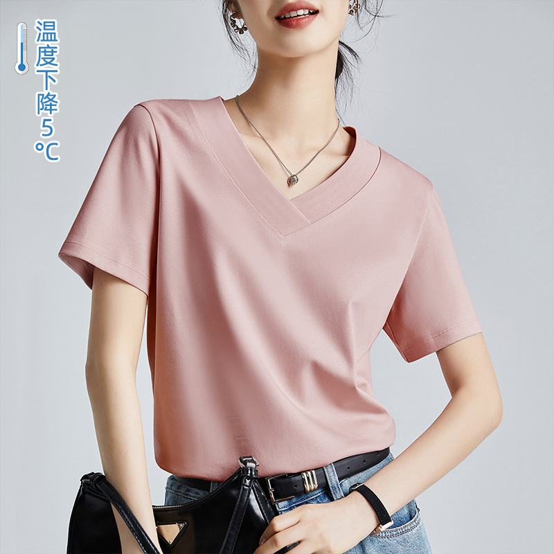 商场同款液氨白色短袖正肩t恤女 25凉感丝光棉V领打底衫体恤半袖