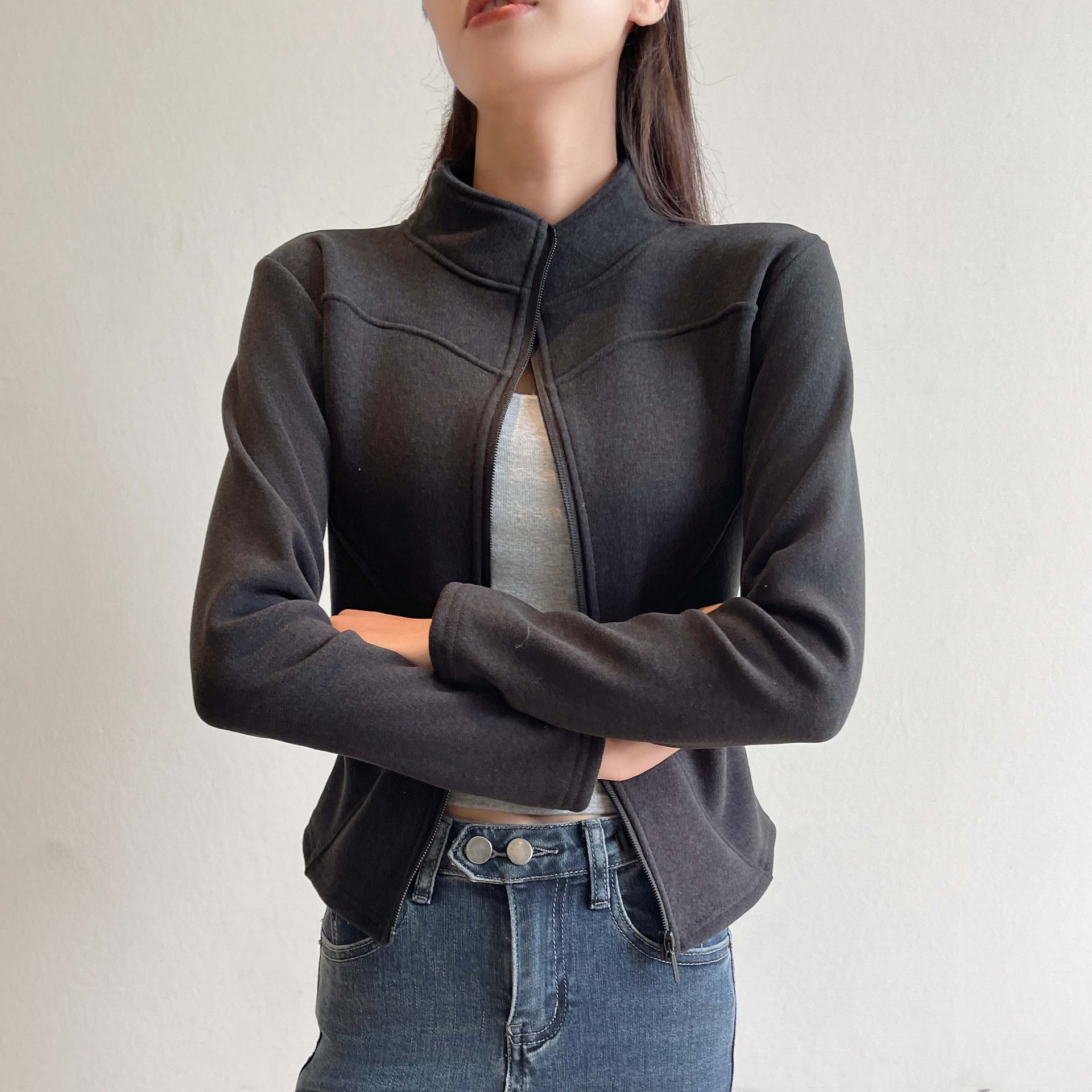 H570立领卫衣羊羔绒短外套女秋冬季外穿修身加绒加厚保暖瑜伽