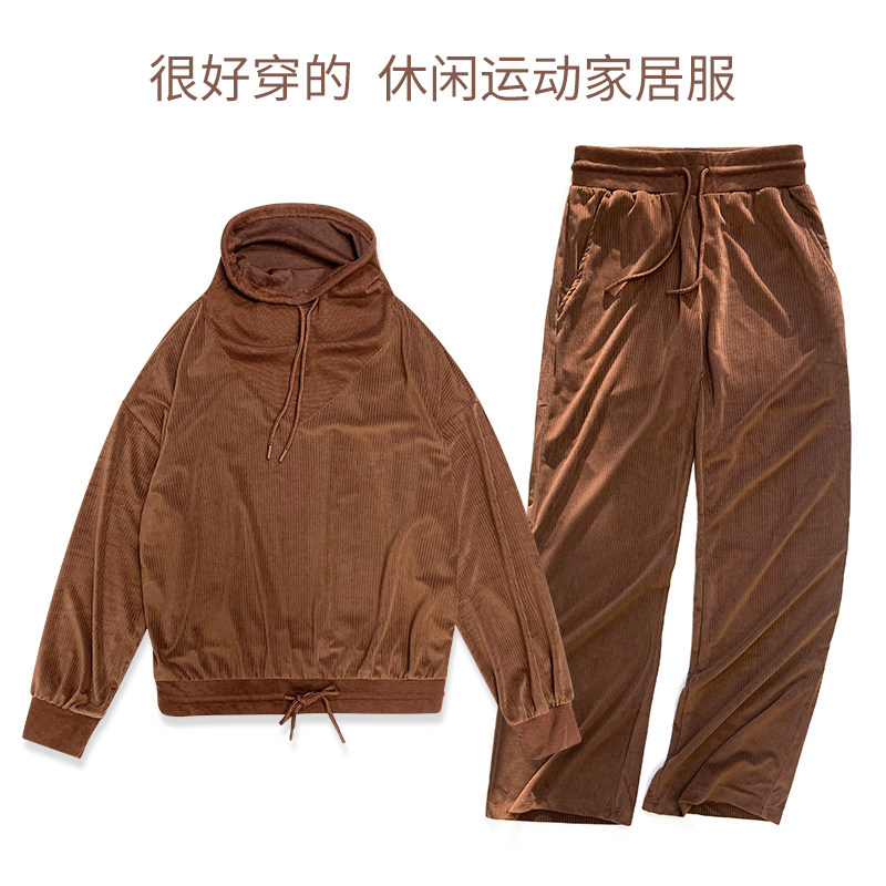 复古灯芯绒休闲运动家居服套装咖色卫衣女宽松托地长裤舒适外穿