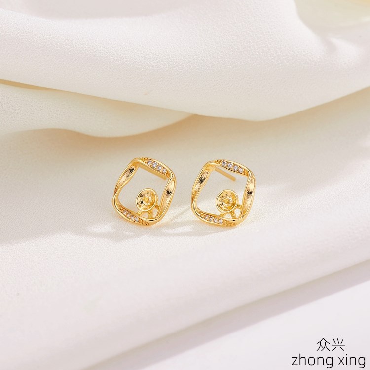 新款简约s925银针微镶锆石耳钉 14K保色金diy粘珍珠耳环耳饰配件