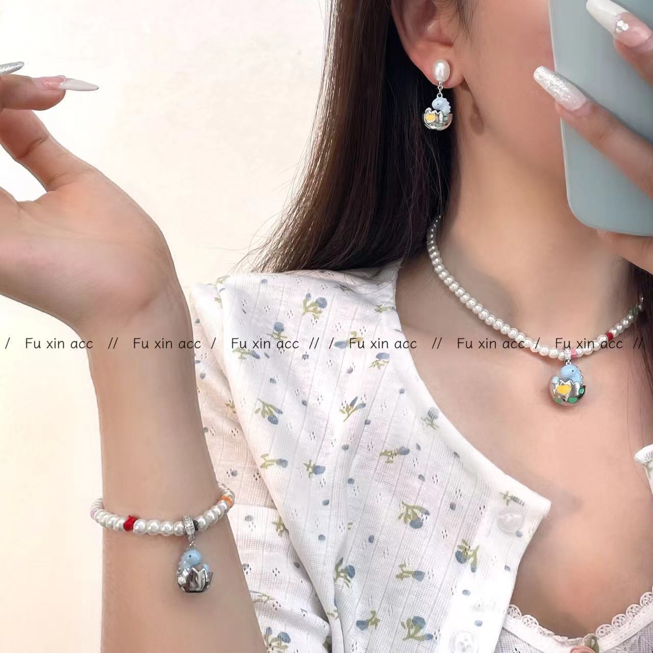 心粉色破壳龙蛋项链小巧精致珍珠耳环女个性设计可爱百搭手链