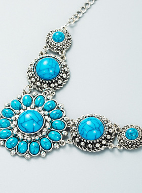 欧美热卖 波西米亚复古太阳花奢华款蓝色松石项链复古民族风项链