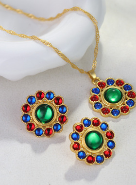 中古vintage耳饰 小众轻奢复古气质彩色宝石珍珠圆形吊坠项链耳环