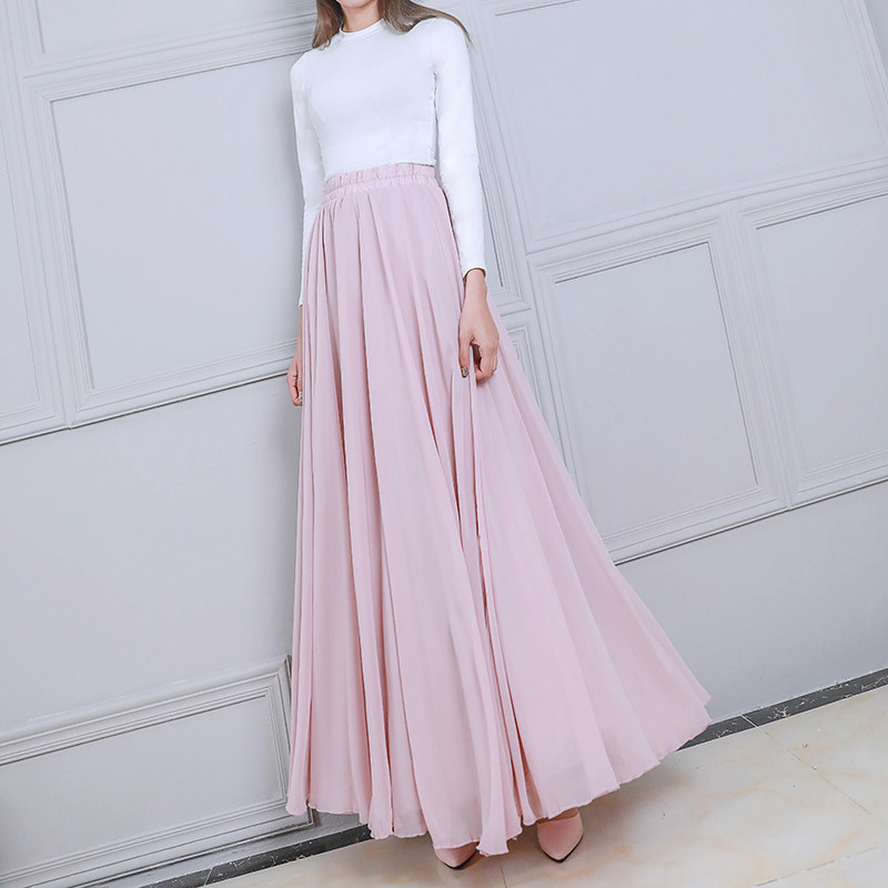 2020新款春季半身长裙沙滩裙大摆显瘦网纱雪纺裙百褶仙女裙中长款