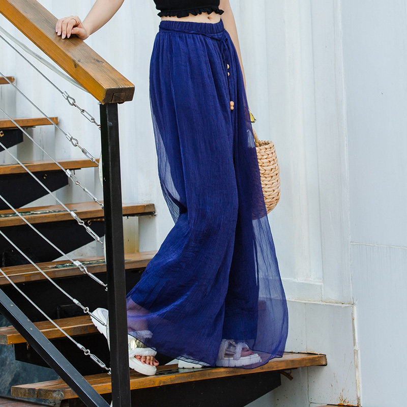 夏季雪纺沙滩裤女 度假宽松大码高腰裙裤金丝雪纺裤裙阔腿裤长裤