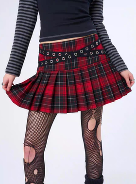 现货 英国代购Minga London朋克摇滚红黑格子皮带扣低腰百褶裙