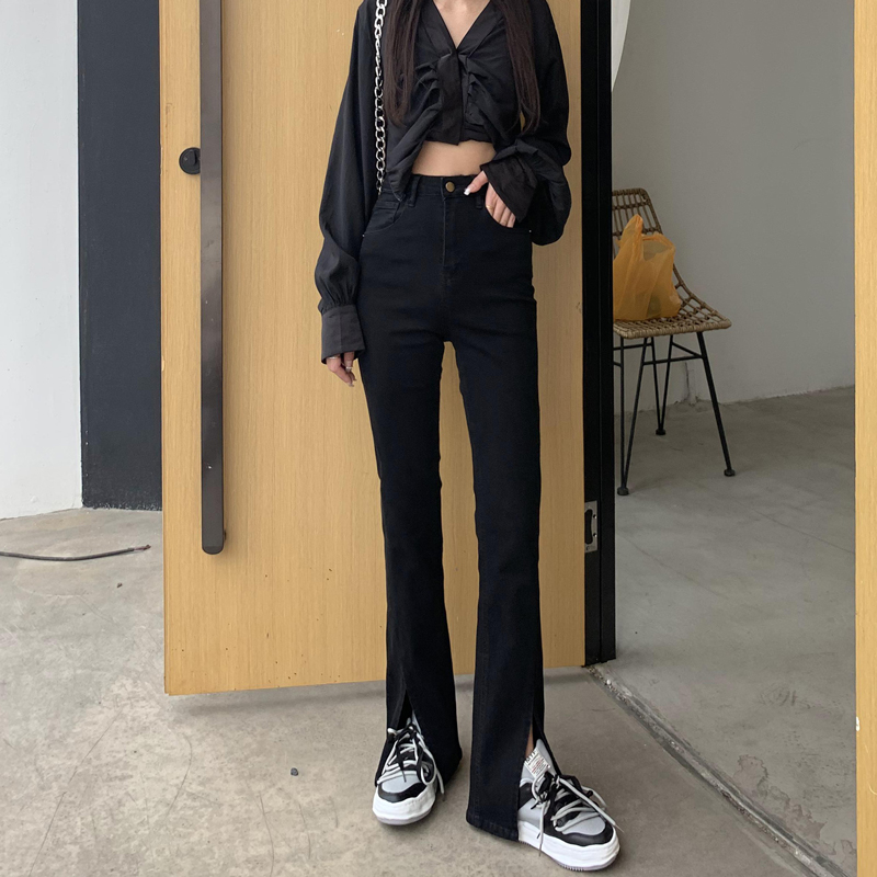 黑色微喇叭开叉牛仔裤女2023年秋季新款高腰直筒显瘦百搭马蹄裤子