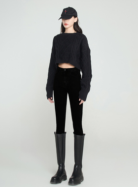 黑色牛仔裤女2025秋冬新款高腰加绒紧身显瘦烟灰色靴裤小脚铅笔裤