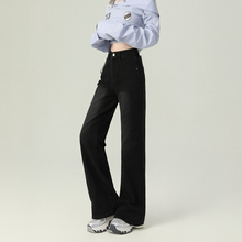 黑色加绒窄版阔腿牛仔裤女2024秋冬新款小个子宽松显瘦拖地直筒裤