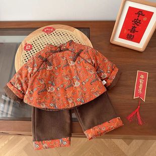 儿童碎花拜年服套装0一7岁女童冬季加绒加厚棉服中国风裤子小童装