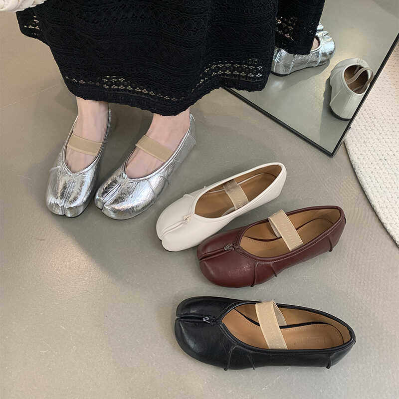2026新款复古风褶皱松紧带猪蹄分趾瓢鞋女外穿平底一字带浅口单鞋,女鞋,浅口单鞋,淘宝优惠券,粉丝福利购,淘宝优惠卷