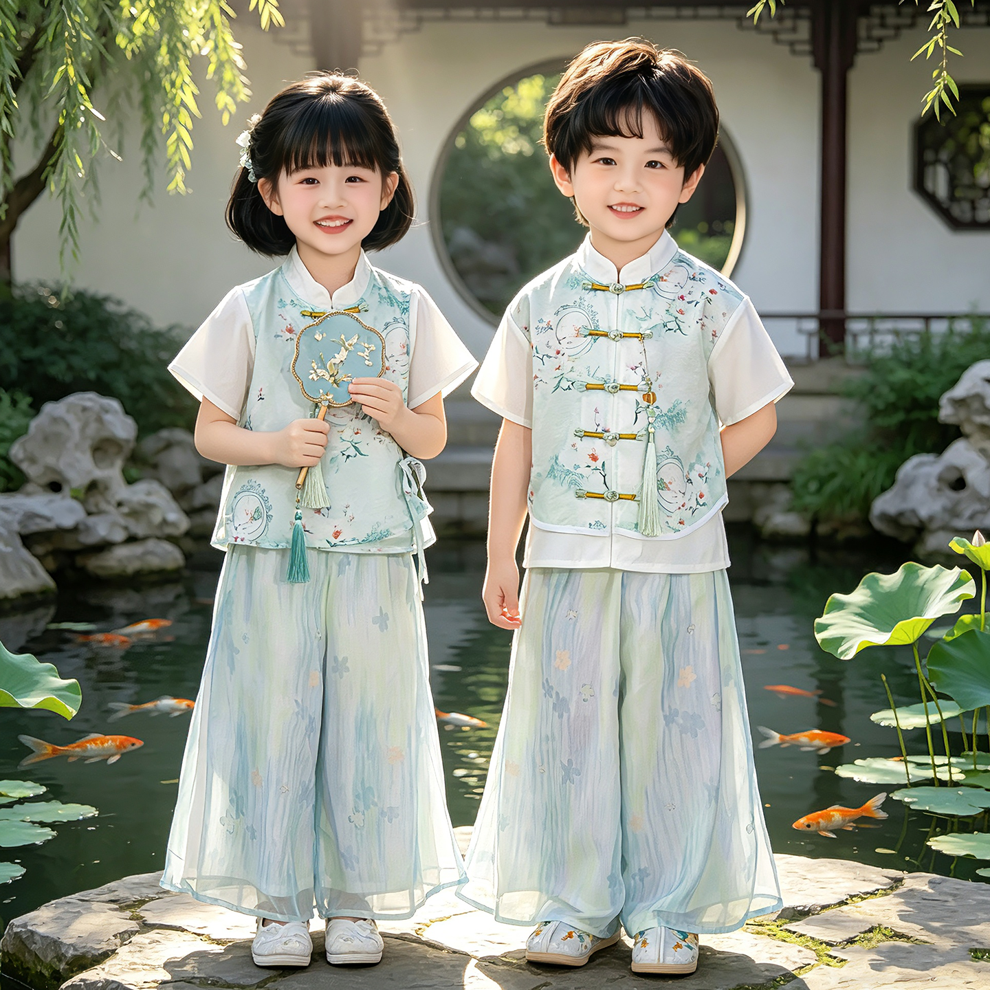 新中式儿童汉服古风套装夏季男女童国风唐装幼儿园六一舞台表演服