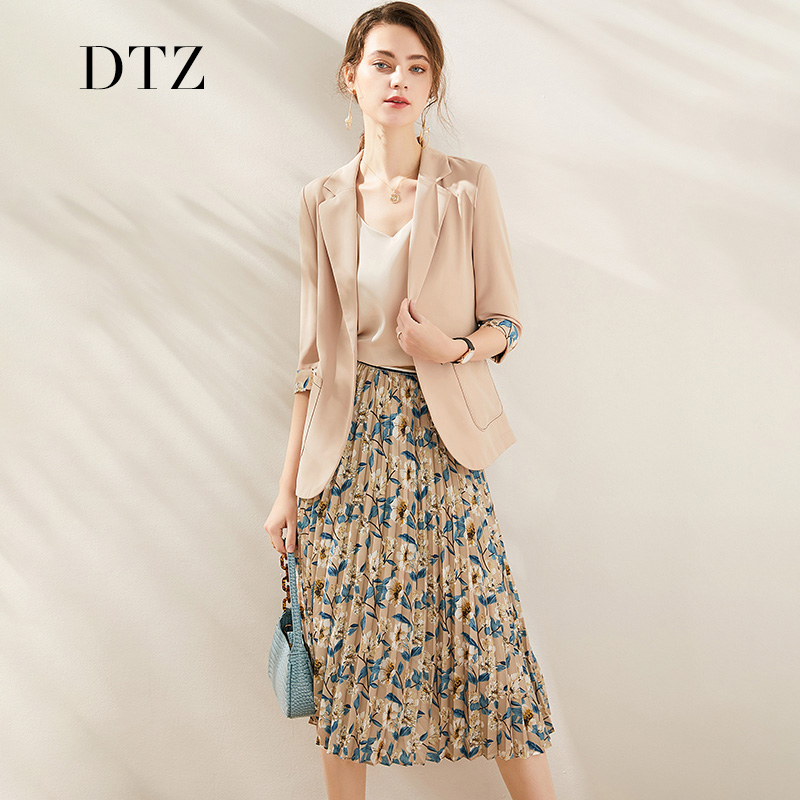2023年春秋气质连衣裙女神范小西装套装裙印花百褶半裙子两件套装