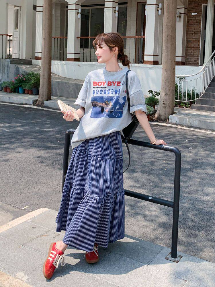 胖mm特大码300斤字母印花T恤女套装夏季新款高腰格子半身裙两件套