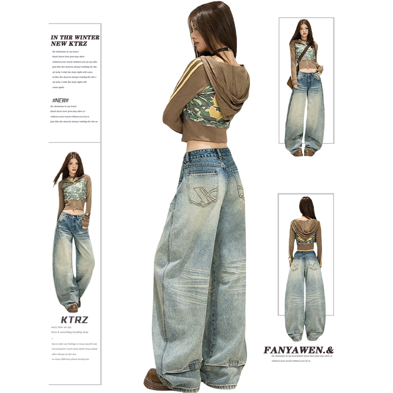 大码美式复古猫须折痕刺绣牛仔裤女秋季2025新款宽松垂感阔腿裤子
