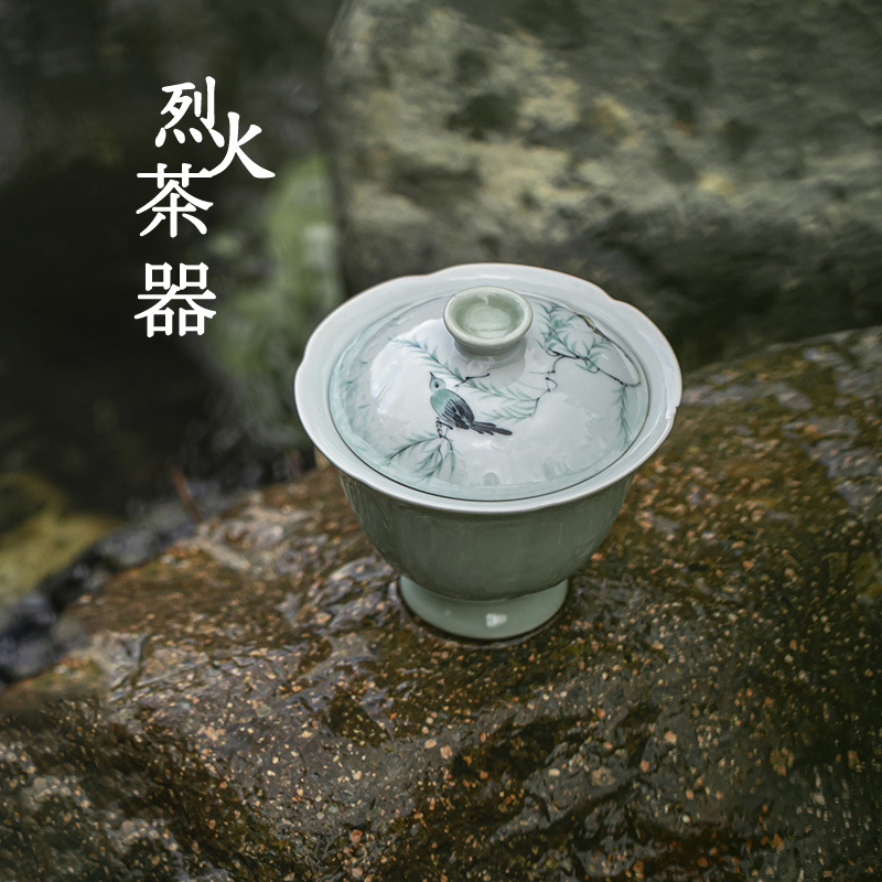 远山绿手绘盖碗喜鹊鸣翠柳文人泡茶碗高足花口陶瓷碗明知山志正品