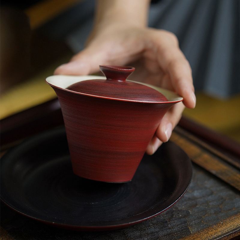 山楂红粉引手工粗陶盖碗