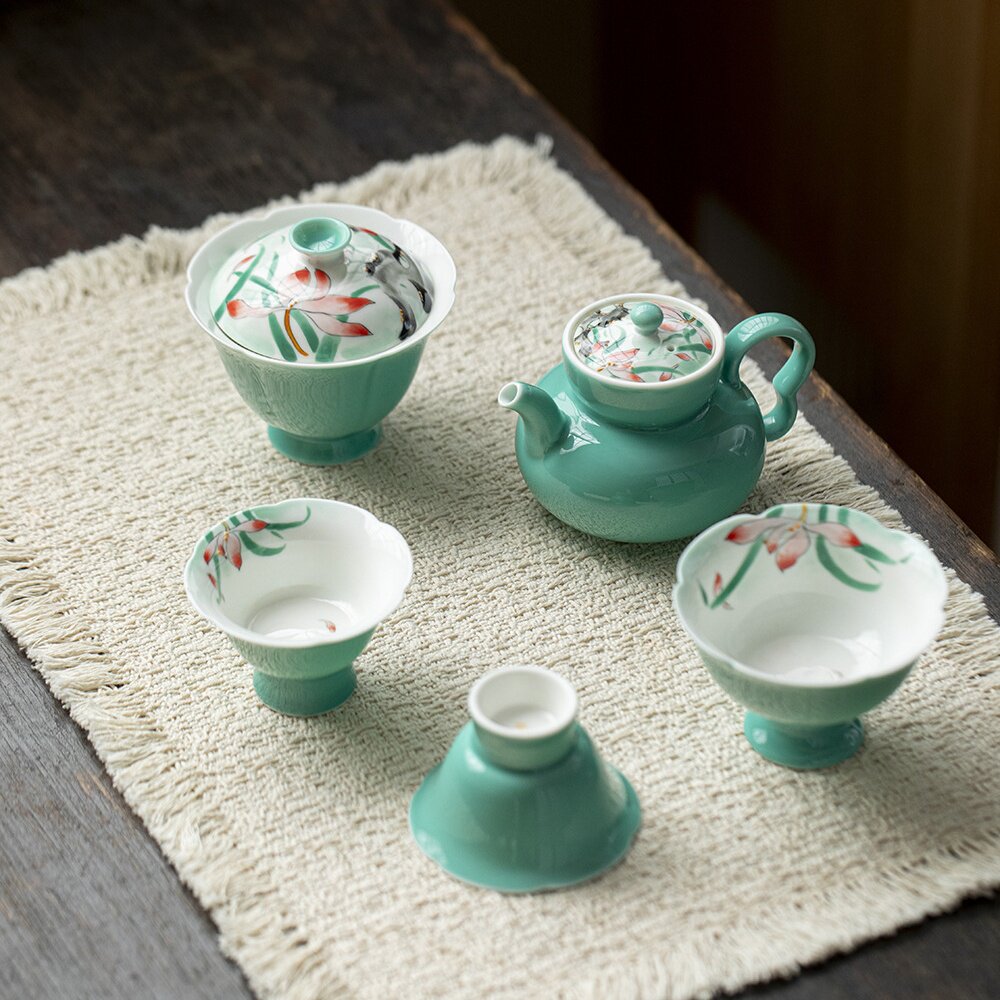 纯手绘兰花陶瓷茶壶盖碗茶杯主人杯高颜值功夫茶具套装松石兰
