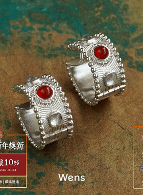 WENS 部落图腾珠珠镶彩宝耳圈 玛瑙水晶原创小众设计师耳环 默叙