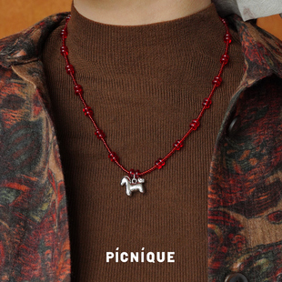 PICNIQUE 马上发财红火串珠短项链 原创设计师毛衣链新年礼物默叙