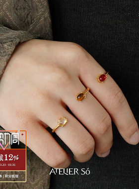 ATELIERSO倪索 天然石开口戒指 纯银白水晶虎眼石原创设计师 默叙