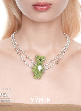 YVMIN尤目 草地布料小熊双层链项链 原创设计师choker锁骨链 默叙