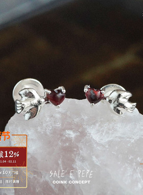 SALE E PEPE 纯银爱心小鸟耳环 原创小众设计师红虎眼石耳钉 默叙