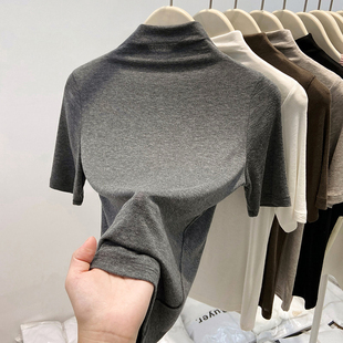 七分袖 灰色莫代尔半高领中袖 薄款 早春修身 打底上衣 t恤女2026新款