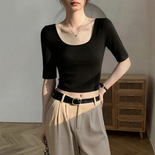 U领中袖t恤女2026新款低领五分袖打底衫小个子短款露脐短袖上衣