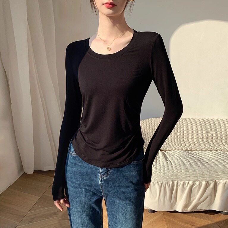 黑色圆领莫代尔长袖打底衫女2025新款秋季薄款冰丝修身可外穿上衣