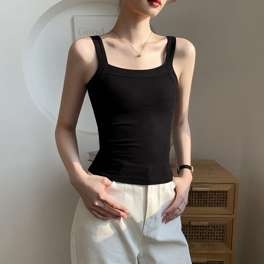 黑色螺纹方领吊带背心女2025新款春夏季紧身打底美背西装内搭上衣