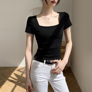 黑色方领短袖t恤女2026新款春夏修身正肩短款小个子齐腰显瘦上衣