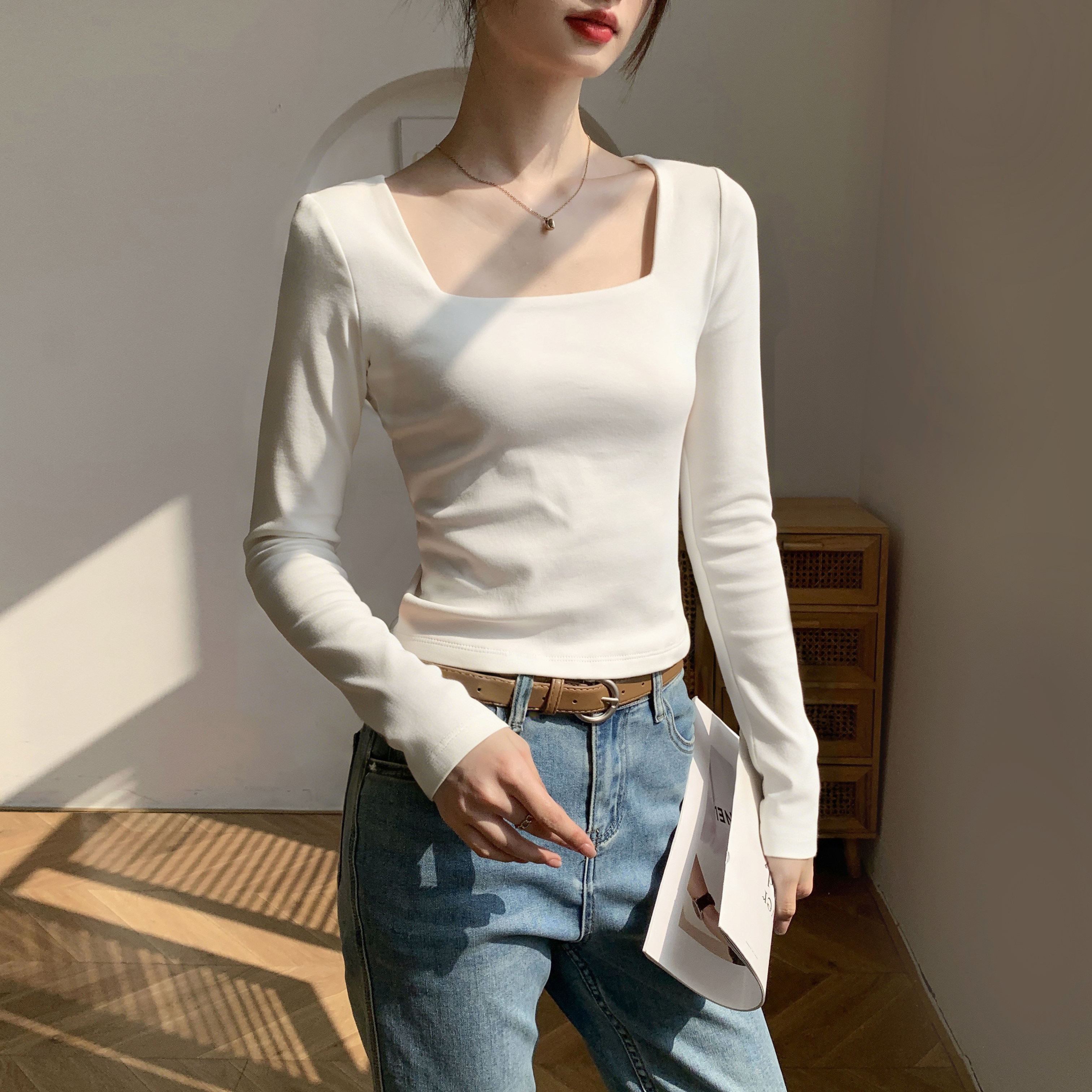 方领白色打底衫女2026新款春秋内搭纯棉长袖低领小个子短款上衣