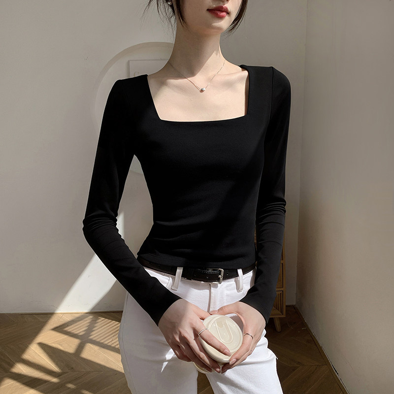 方领黑色打底衫女2026新款春秋冬内搭纯棉修身小个子短款上衣长袖