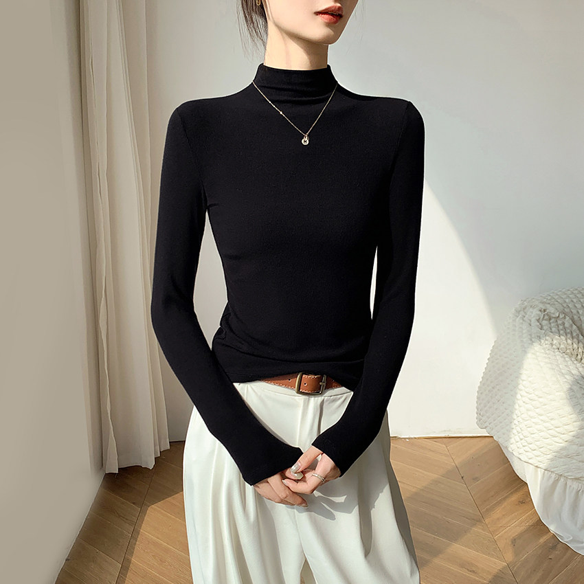 黑色针织半高领加绒打底衫女2025新款秋冬季紧身内搭中领长袖上衣