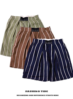 21SS KAPITAL 平田和宏 双色日系复古潮流棉麻可调节松紧休闲短裤