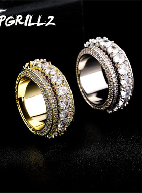 欧美INS爆款五排锆石可旋转指环镶嵌满锆石嘻哈情侣个性旋转戒指